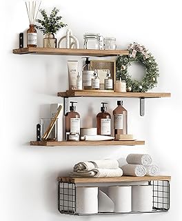 Lot de 4 &Eacute;tag&egrave;res Murales en Bois, 40CM &Eacute;tag&egrave;re de Salle de Bain avec Panier en M&eacute;tal, &Eacute;tag&egrave;res Murales Flottantes de Style Rustique pour Salon, Chambre &agrave; Coucher, Cuisine, Bureau (Brun)