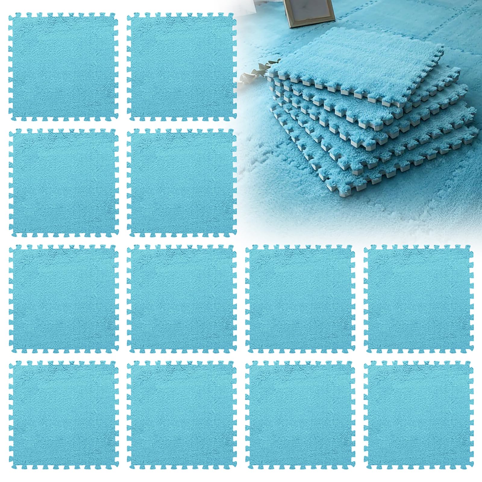 LUPATDY 12 Piece Puzzle Rug, Foam Tile, Plush Interlocking Floor Tiles, Children's Room Rug, for Living Room and Bedroom, 30 x 30 cm - Dark Blue