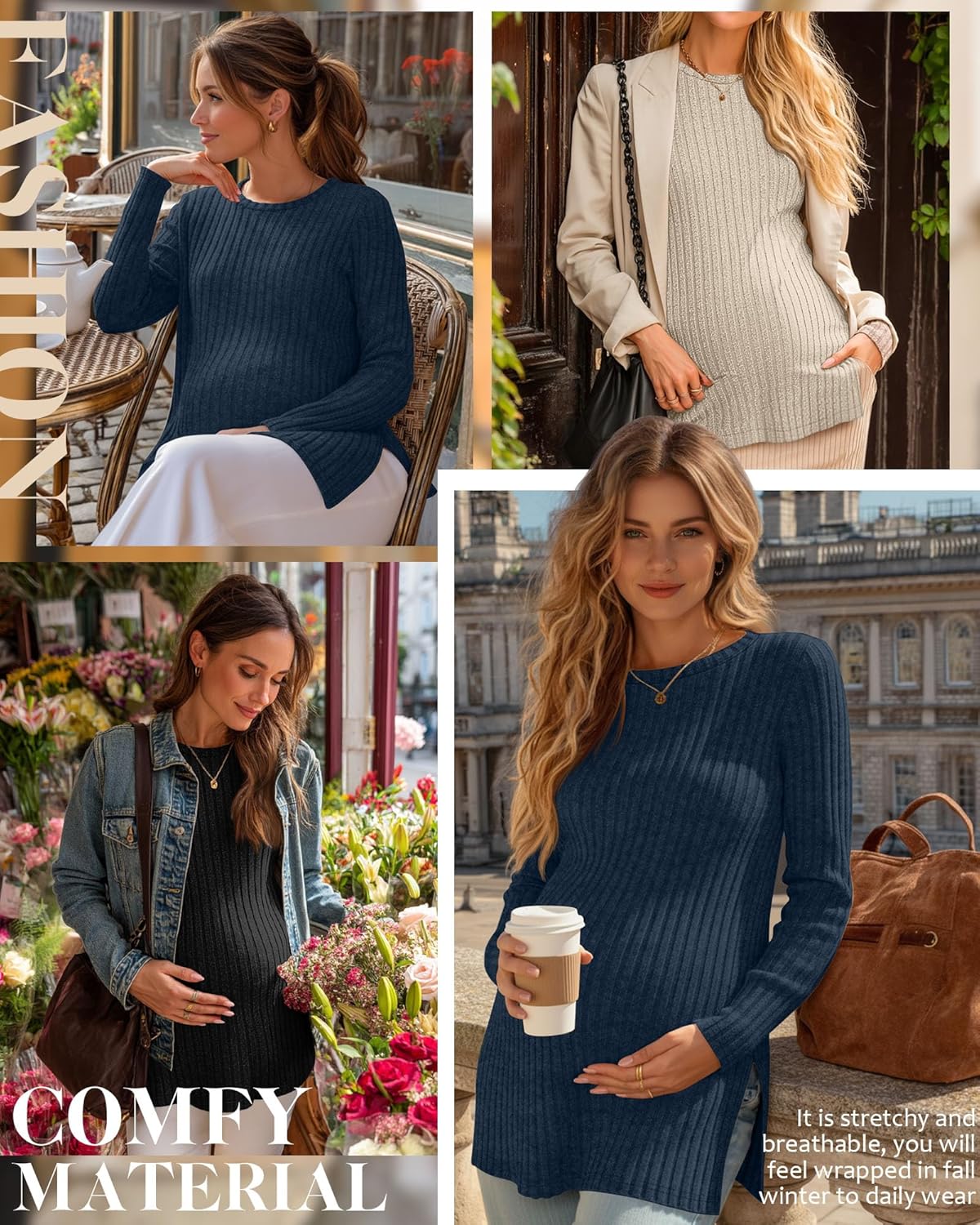 3 Pack Women's Maternity Shirts, Ribbed Long Sleeve Pregnancy Sweaters Knit Split Side Crew Neck Tunic Tees Tops(Black, Apricot, Peacock Blue,Medium) - Image 5