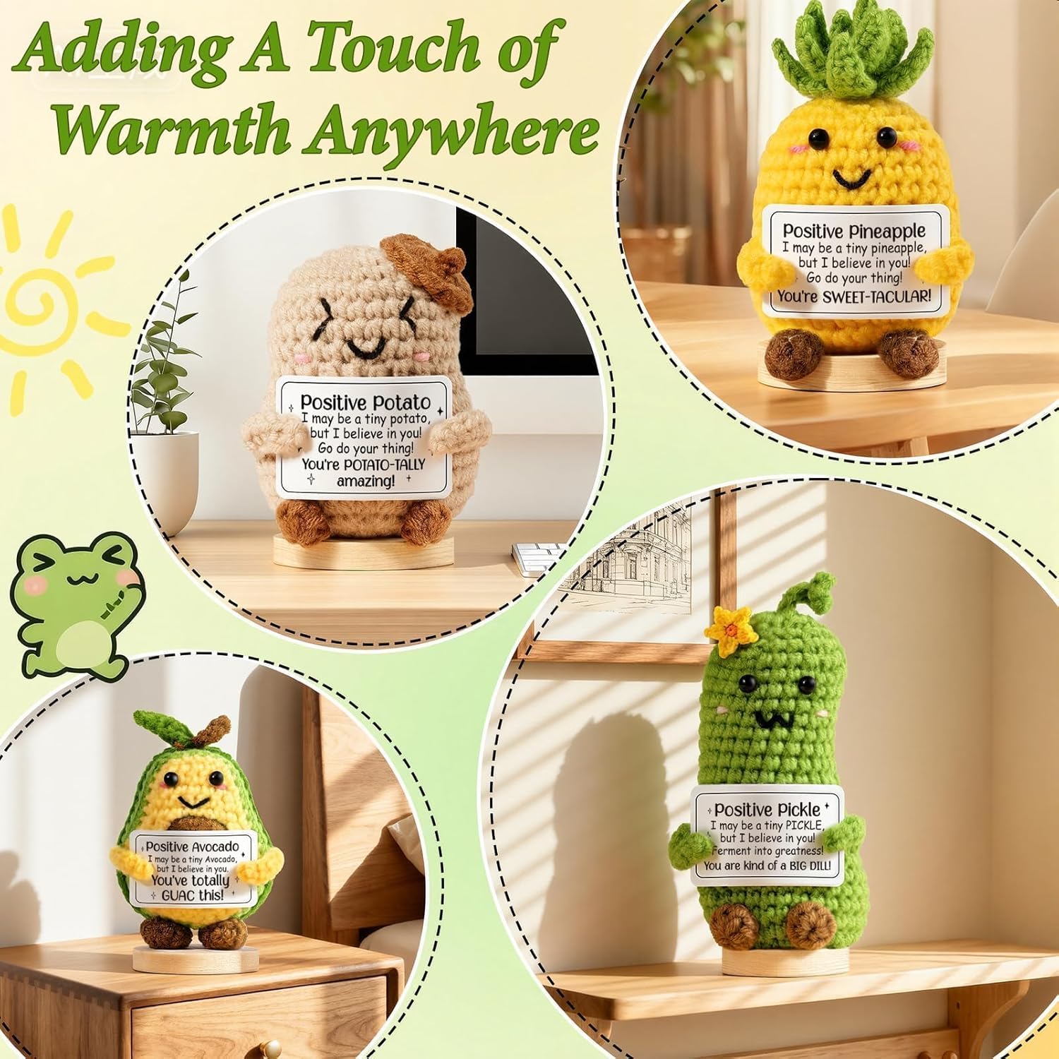 6PCS Emotional Support Positive Crochet Animals Inspirational Cheer Gifts for Women, Handmade Positive Crochet Gift Thank You Birthday Teacher Appreciation Easter Gift for Coworker Nurse Mom Sister