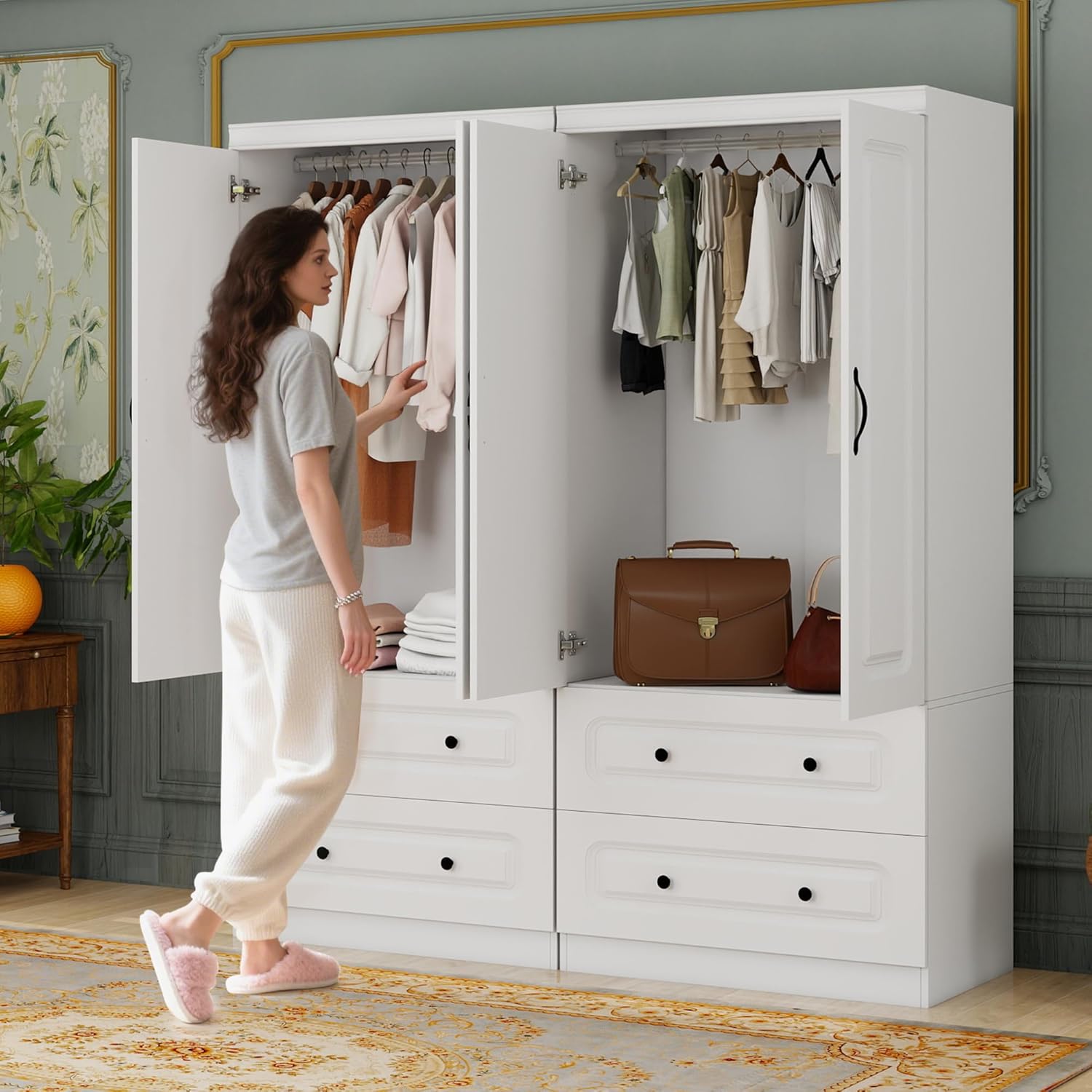 Modern Armoire Wardrobe Closet: Large Capacity Clothes Storage Cabinet with 4 Doors, 4 Drawers for Tall Cabinet, Wooden Armoire Wardrobe Closet with Hanging Rods, Black Handle, White
