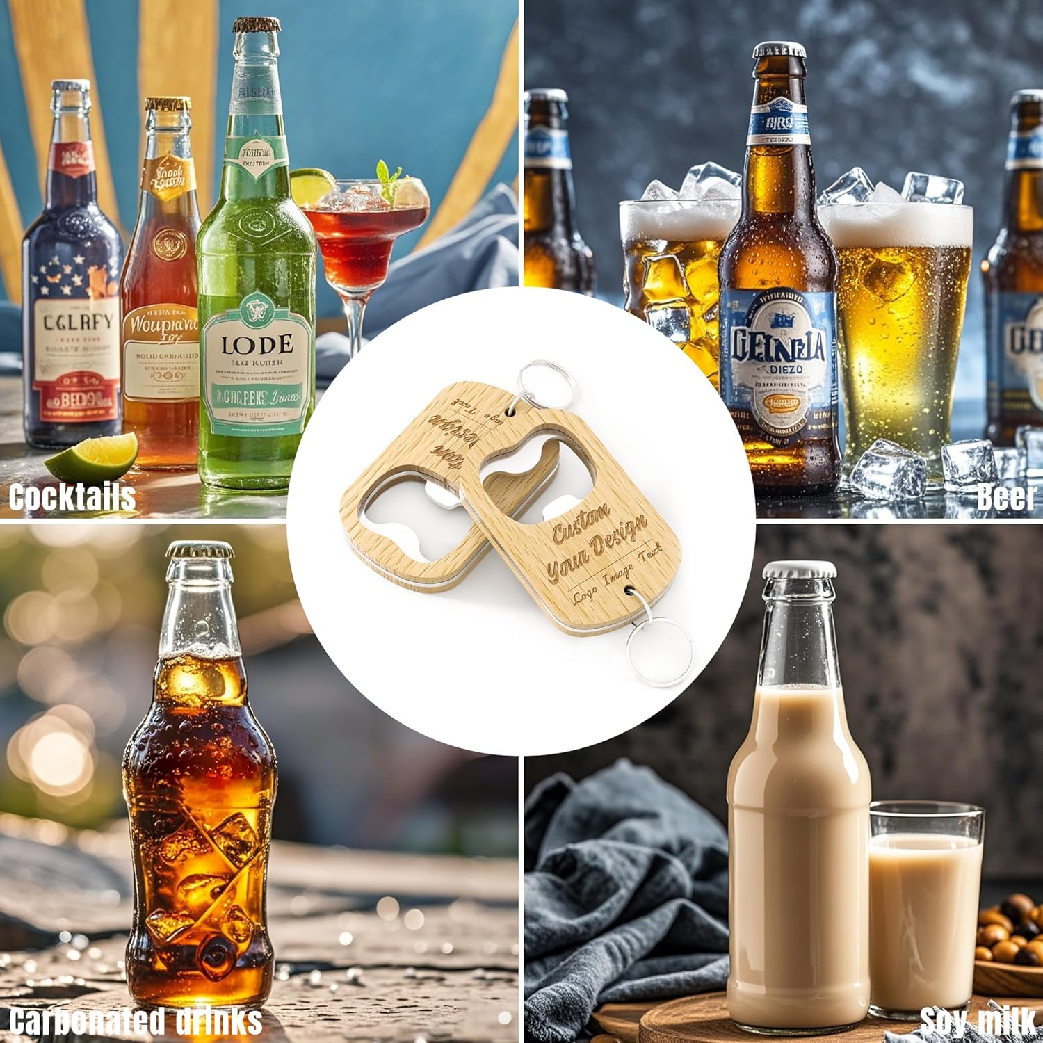 15 Personalized Wood Bottle Opener Keychain, Custom Wood Beer Bottle Opener Laser Engraved Any Text Logo for Bar, Family, Wedding Favors, Brewery, Anniversaries, Party, Guests, Graduation