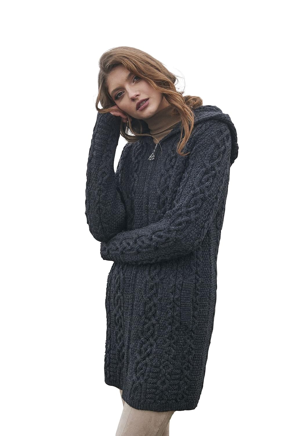 SAOL 100 Merino Wool Aran Irish Cardigan for Women with Pockets Hood and Celtic Zipper