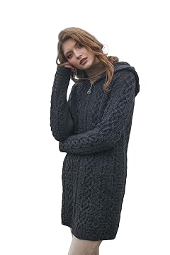 SAOL 100 Merino Wool Aran Irish Cardigan for Women with Pockets Hood and Celtic Zipper