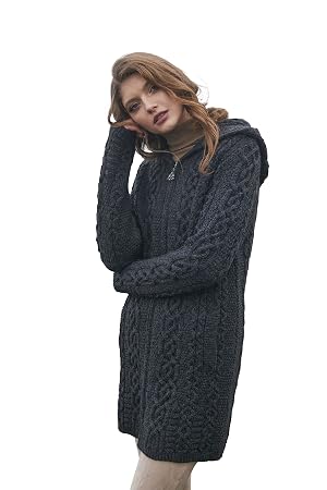 SAOL 100 Merino Wool Aran Irish Cardigan for Women with Pockets Hood and Celtic Zipper