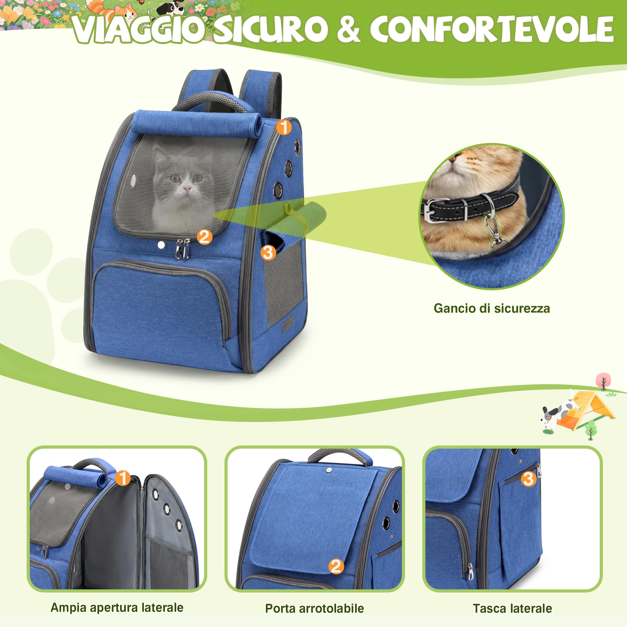 ALLSOPETS Zaino per Cani, Trasportino Gatto Zaino Pieghevole e Traspirante per Cani e Gatti con Tendine Parasole Ideale per Viaggi Escursioni e Campeggio (Blu Reale)