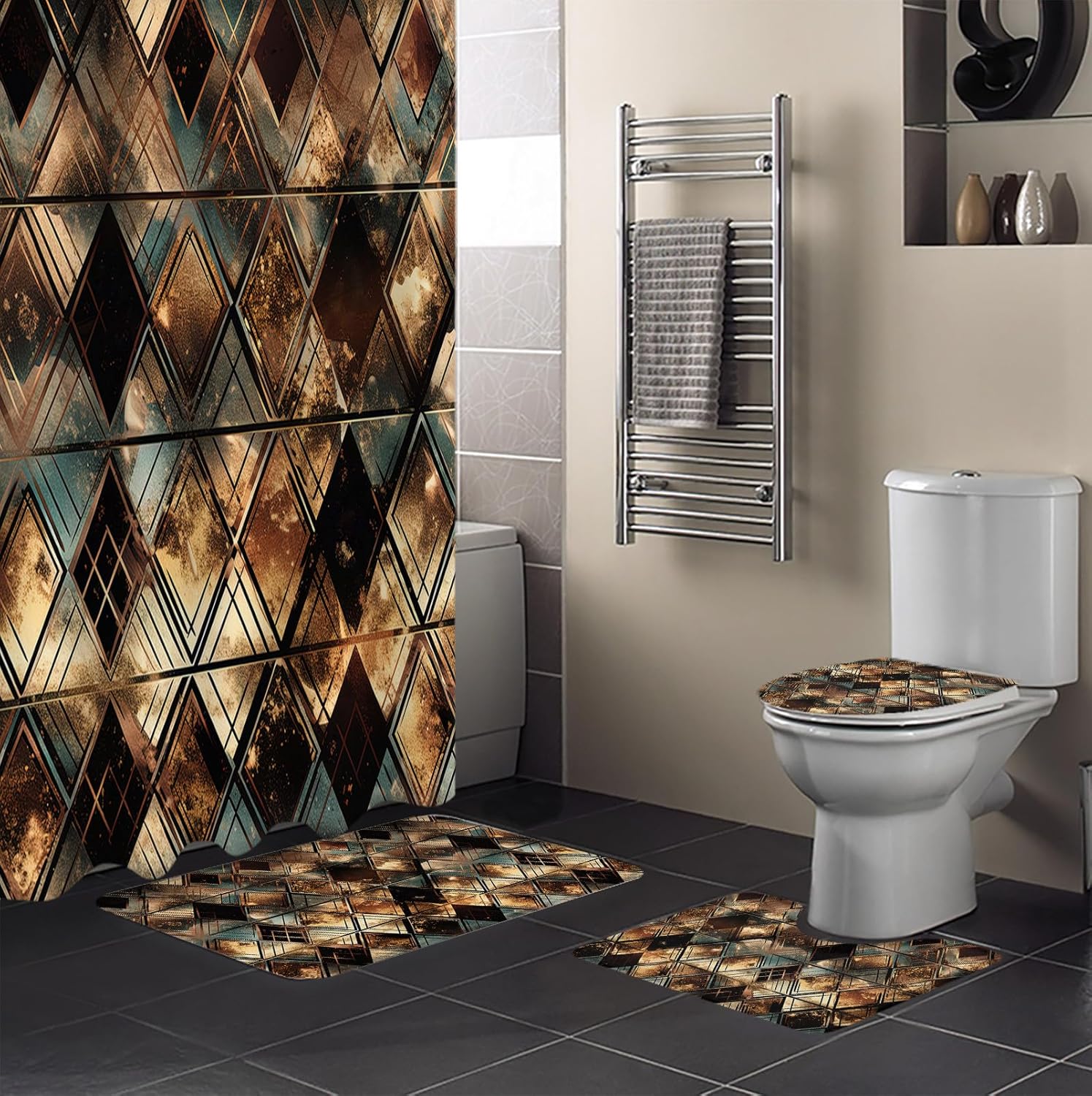 Brown Teal Geometric Bathroom Set with Shower Curtain and Rug and Accessories - 72x72 Inches Long Retro Modern Plaid Abstract Art Bathtub Floor Runner Rug Set Bathtub Curtains Waterproof with Bath Mat
