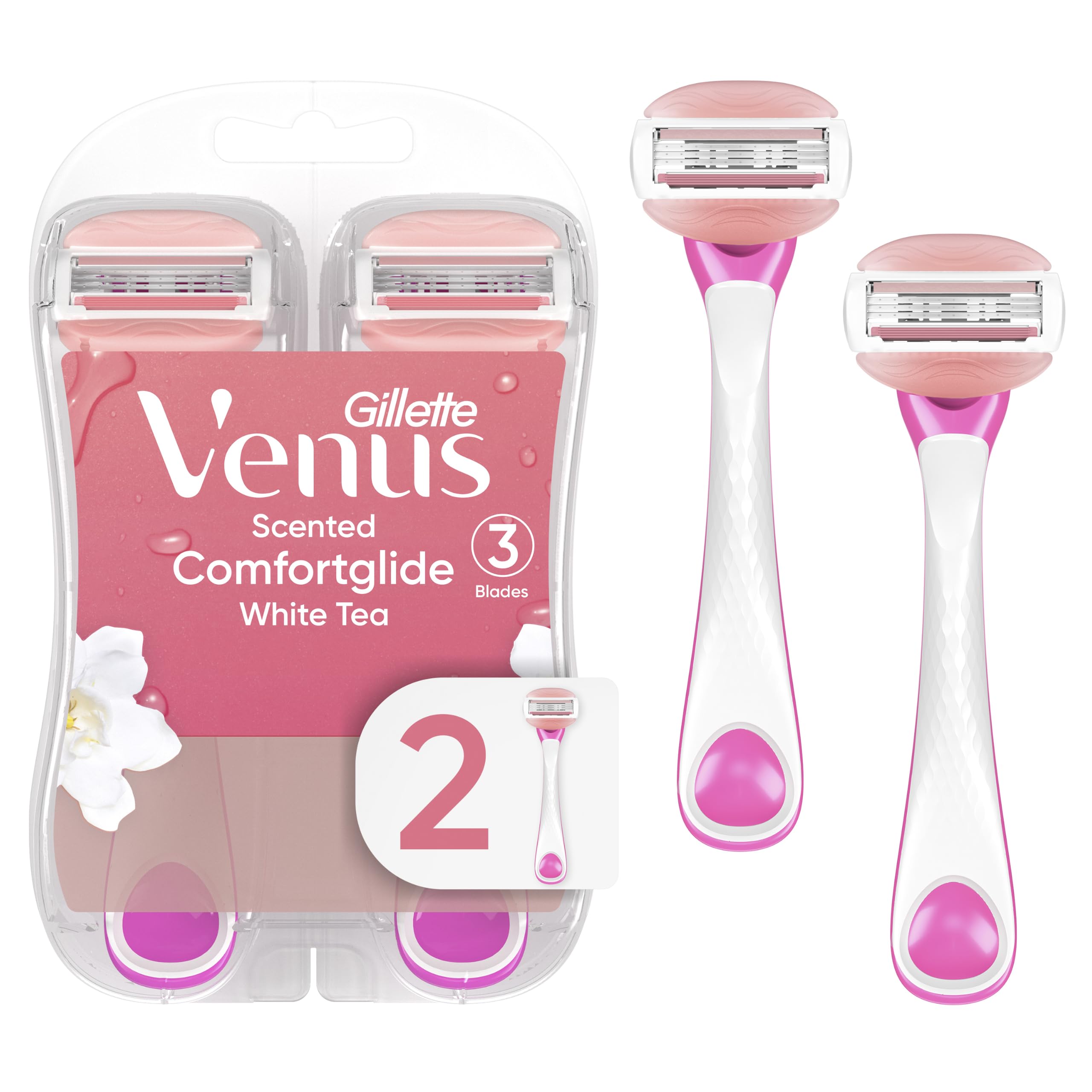 Gillette Venus ComfortGlide Disposable Razors for Women, 2 Count, White Tea Scented Moisture Bars for a Smooth Shave 2 Count (Pack of 1) 2 Razors