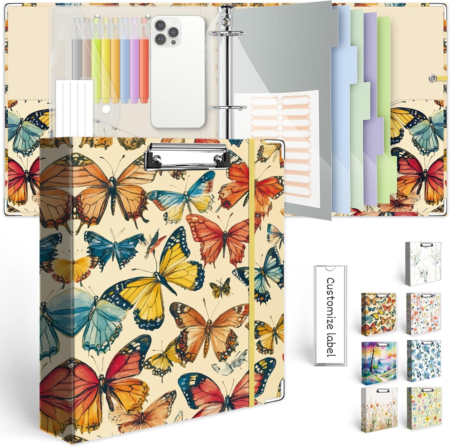 3 Ring Binder 2 Inch for 8.5"x11" Paper, Three Ring Binders with Clipboard, 5 Dividers with Tabs and Pockets, Decorative Binder with Pen Holder,Butterfly