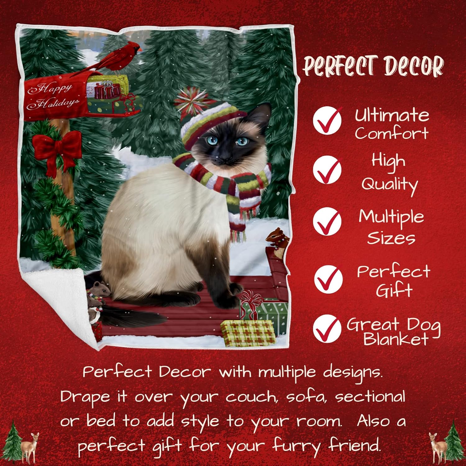 Doggie of the Day Siamese Cat Blanket - Merry Christmas Woodland Sled - Super Soft & Warm Pet Theme for Sofa or Bed, Warm Fleece, Sherpa or Woven Material, BLNKT51471 (50x60 Sherpa)