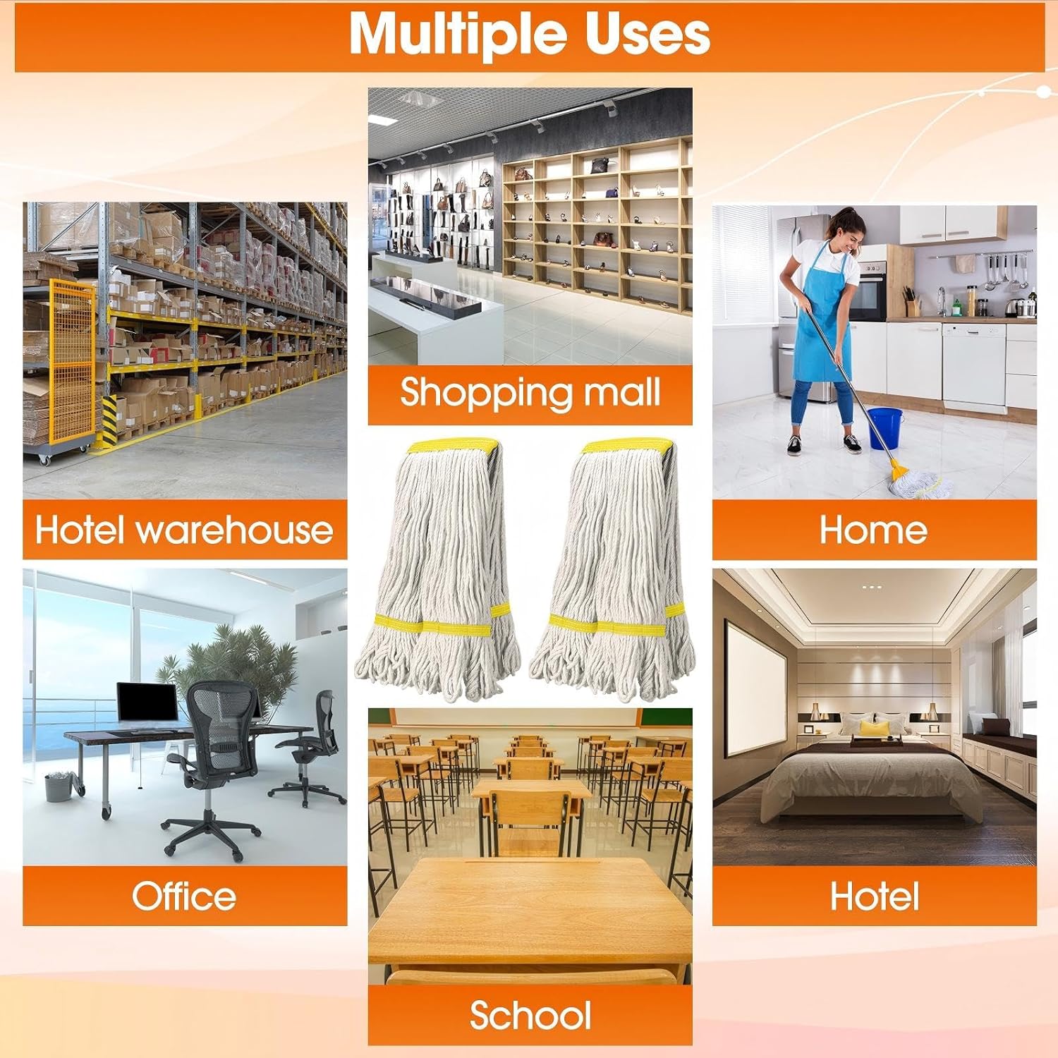 6 Pack Heavy Loop End Cotton String Mop Head Heavy Duty Mop Head Commercial Refills Mop Head Replacement for Home Industrial Commercial Floor Cleaning(White, Yellow)