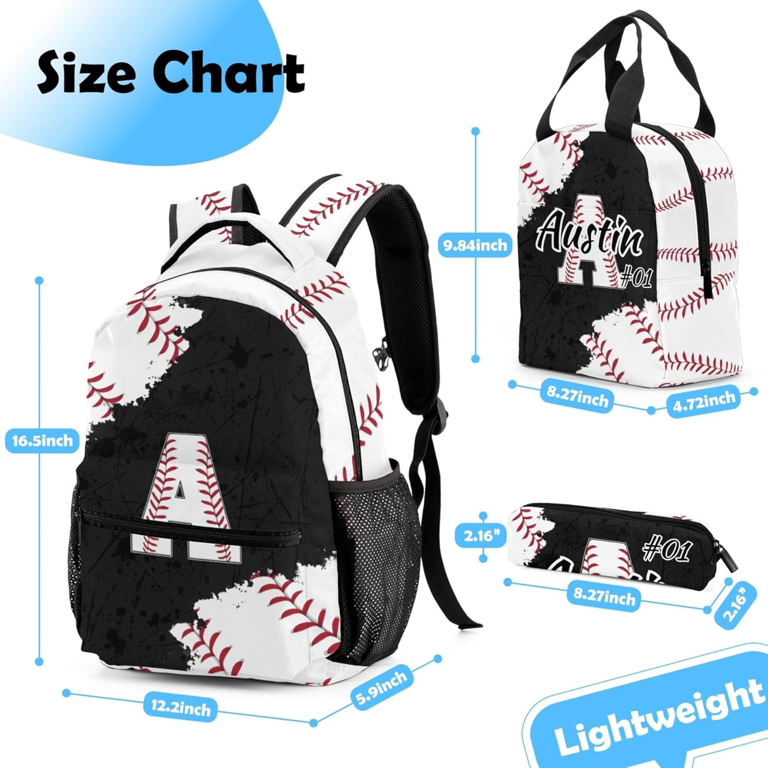 Boys Backpack and Lunch Box Set Gifts - Baseball Backpacks for Kids - Personalized Initial Bookbag with Name - 17 Inch Sports Theme School Bag for Elementary, Middle School