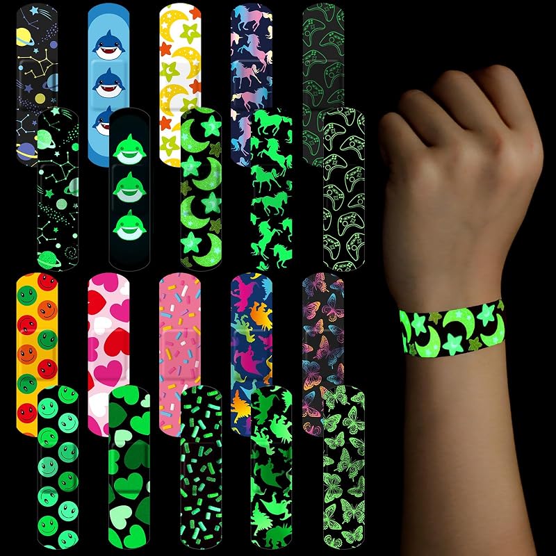 Threlaco Glow in the Dark Bandages for Kids Neon Waterproof,Cute | Breathable Flexible Wrap for Cuts Scrapes Wounds, Fun Patterns Children Toddlers Boys Girls, Glowing Designs