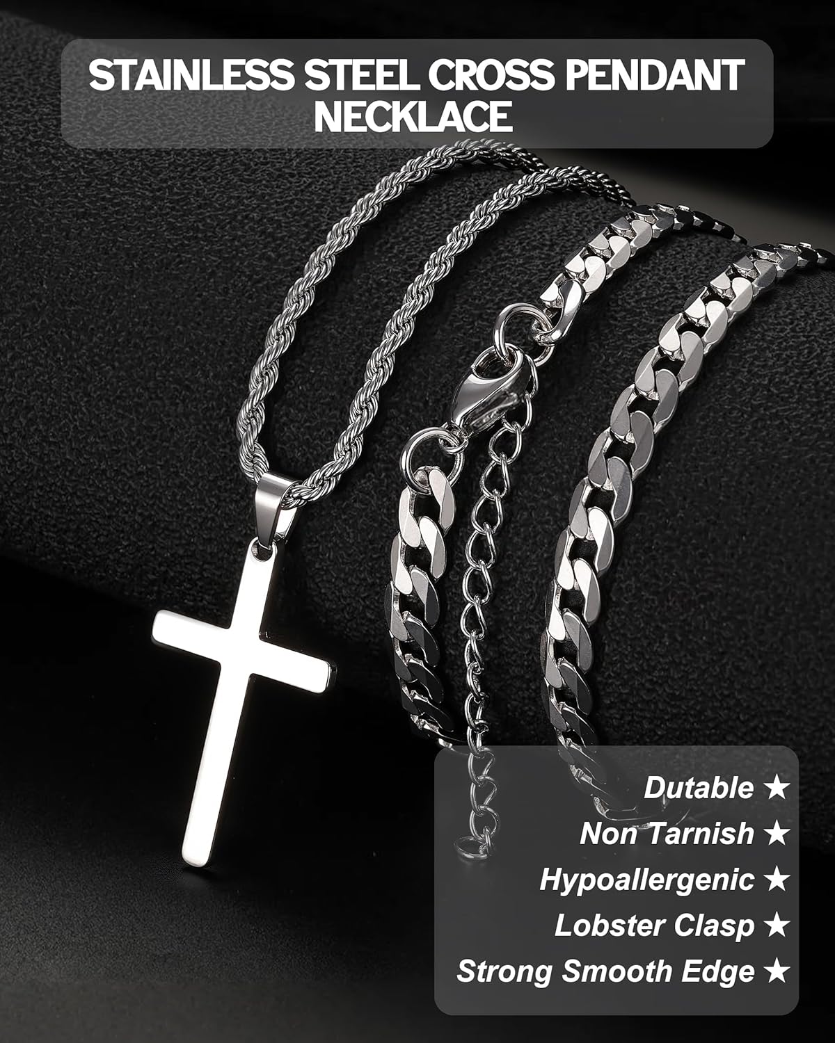 TEN MIRO Silver/Black Cross Necklace for Men Boy Stainless Steel Cross Pendant Necklace for Men Christian Religious Jewelry with Box & Card Birthday Anniversary Christmas Father's Day Gifts for Him - Image 8
