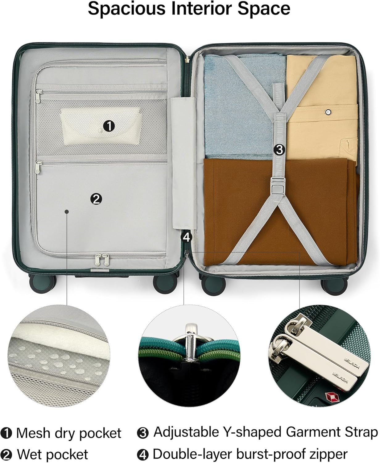 MILADA 24 Inch Expandable Checked Luggage - Hardshell Suitcase with Wheels, TSA Lock, Durable PC Shell, Checked Baggage, Lightweight & Scratch-Resistant, Blackish Green