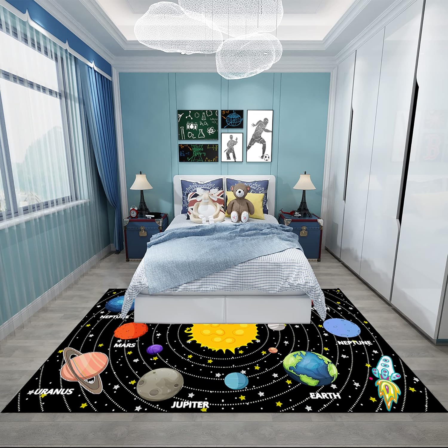 Planet Rug Space Adventure Theme Boys Bedroom Carpet Galaxy Floor Mat with Solar System Planets Galaxy Decor Kids Playroom Educational Rug, 3'×5'