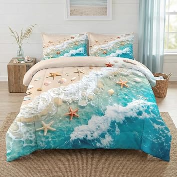 Nesker Twin Comforter Set, 2 Pieces Beach Starfish Bedding, All Season | Seashell Coastal Ocean Summer Soft Comforter Set with Pillowcase for Kids and Adults Room Bedroom Bed Decor