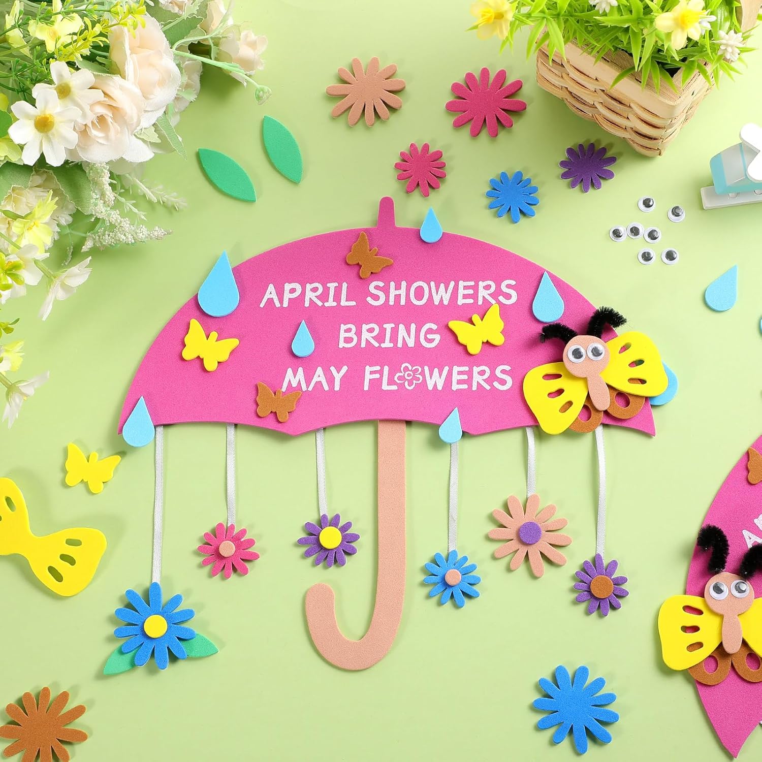 Oudain 12 Set April Showers Bring May Flowers Craft April Showers Sign Craft Kit Spring Rain Sign DIY Arts Spring Foam Stickers for Party Favor