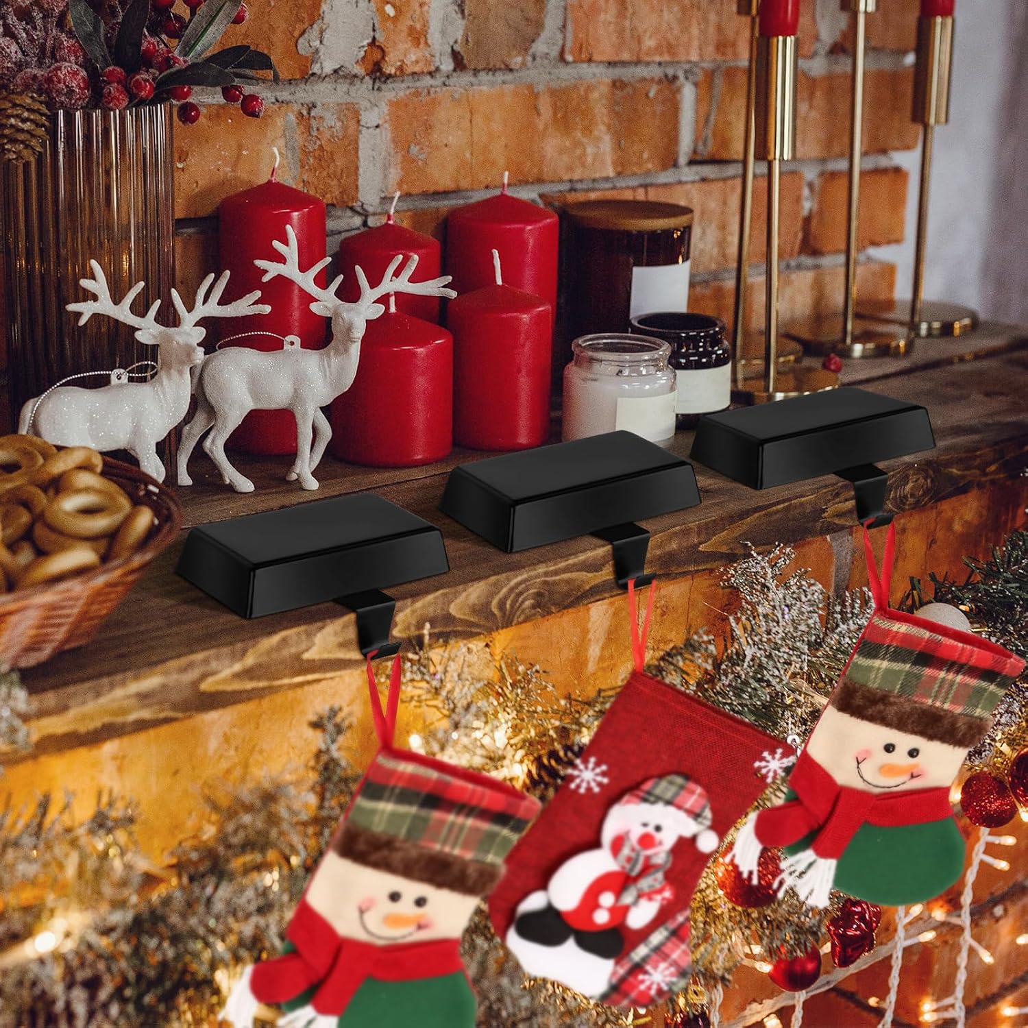 Hooqict 3 Pack Black Christmas Stocking Holder Metal Stocking Holder for Mantle Fireplace Christmas Decorations Weighted Christmas Stocking Hangers with Hooks