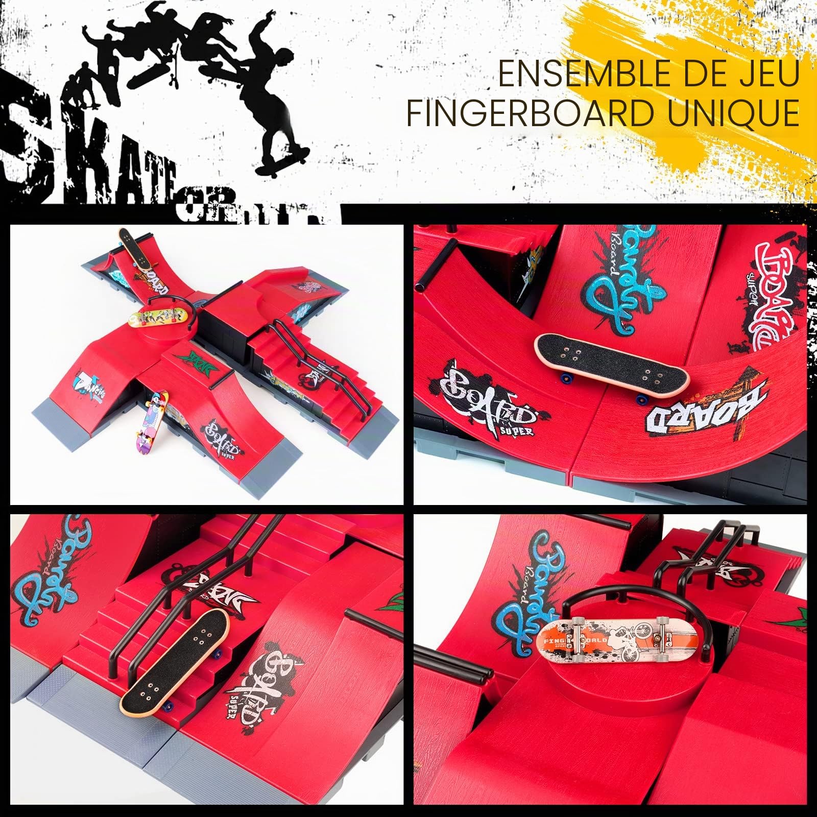 KETIEE Finger Skateboard avec Rampes de Skatepark, Finger Skate Park Kit Rampe de Touche avec Mini Finger Skateboard Mini Fingerboard Parc de Planche à roulettes Jouet Cadeau (1810-6E Upgrade)