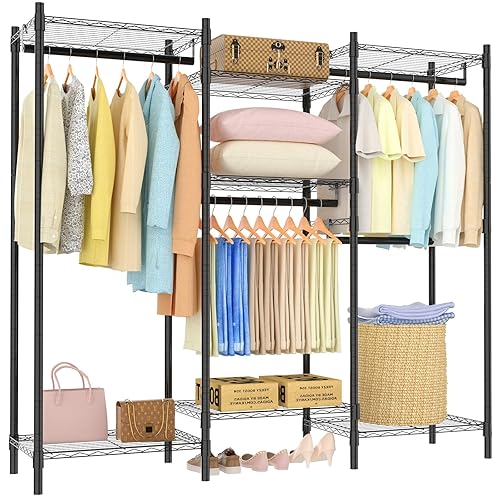 EasyCom Percheros ajustables para bricolaje, 7 estantes resistentes para colgar ropa, armario de metal independiente con 4 barras de armario,