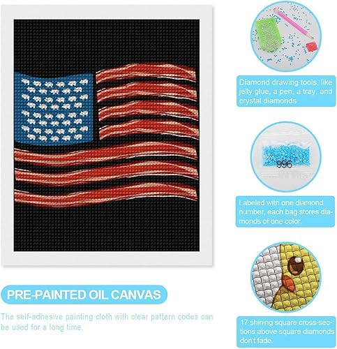 Miniatura 10 de Bacon - Pintura de arte cuadrada de diamantes con diseño de bandera de Estados Unidos, kit completo de pintura con diamantes para decoración de