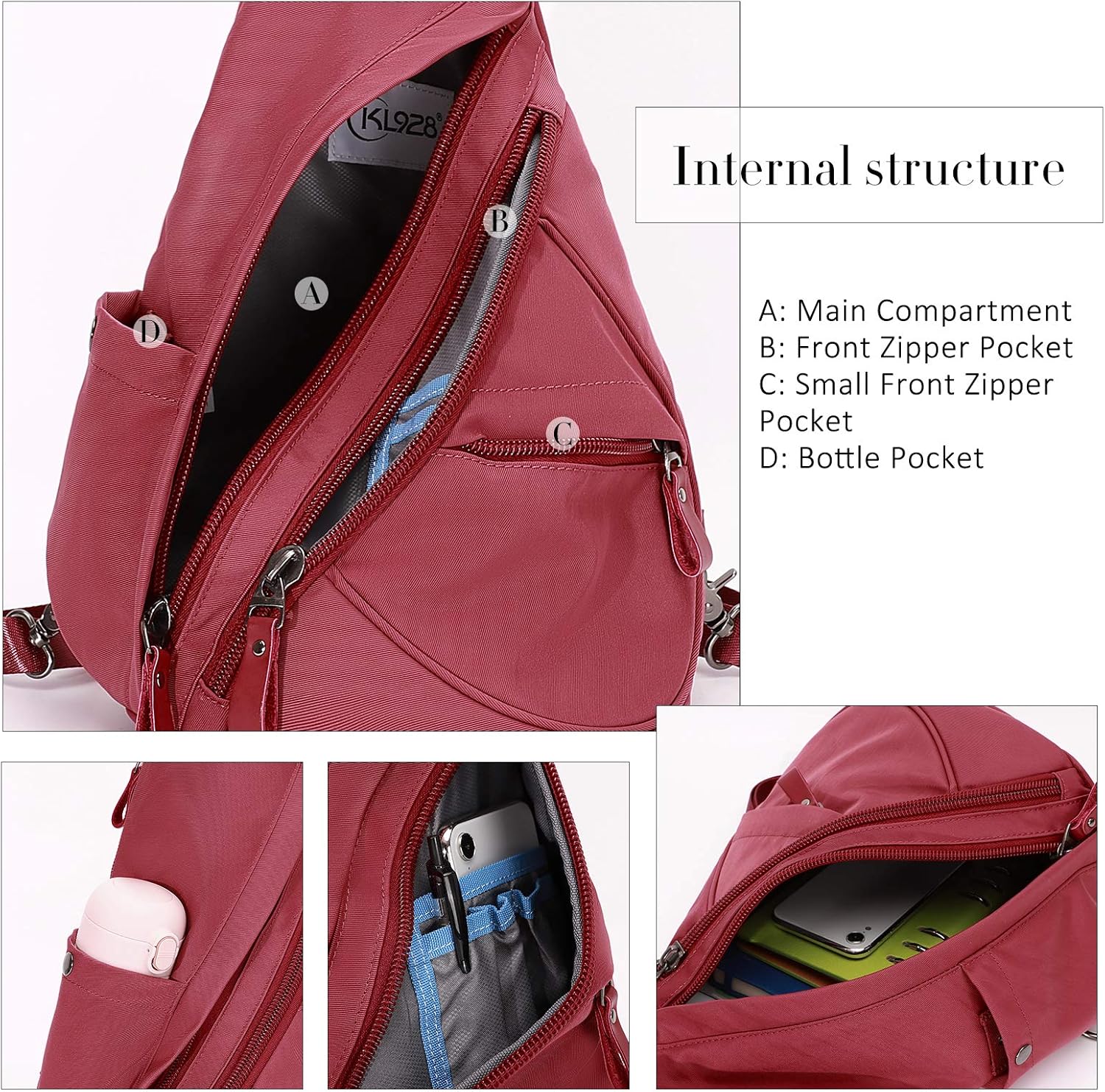 KL928 Nylon Sling Bag - Small Crossbody Backpack Shoulder Casual Daypack Multipurpose Rucksack for Men Women(Rust Red) - Image 3
