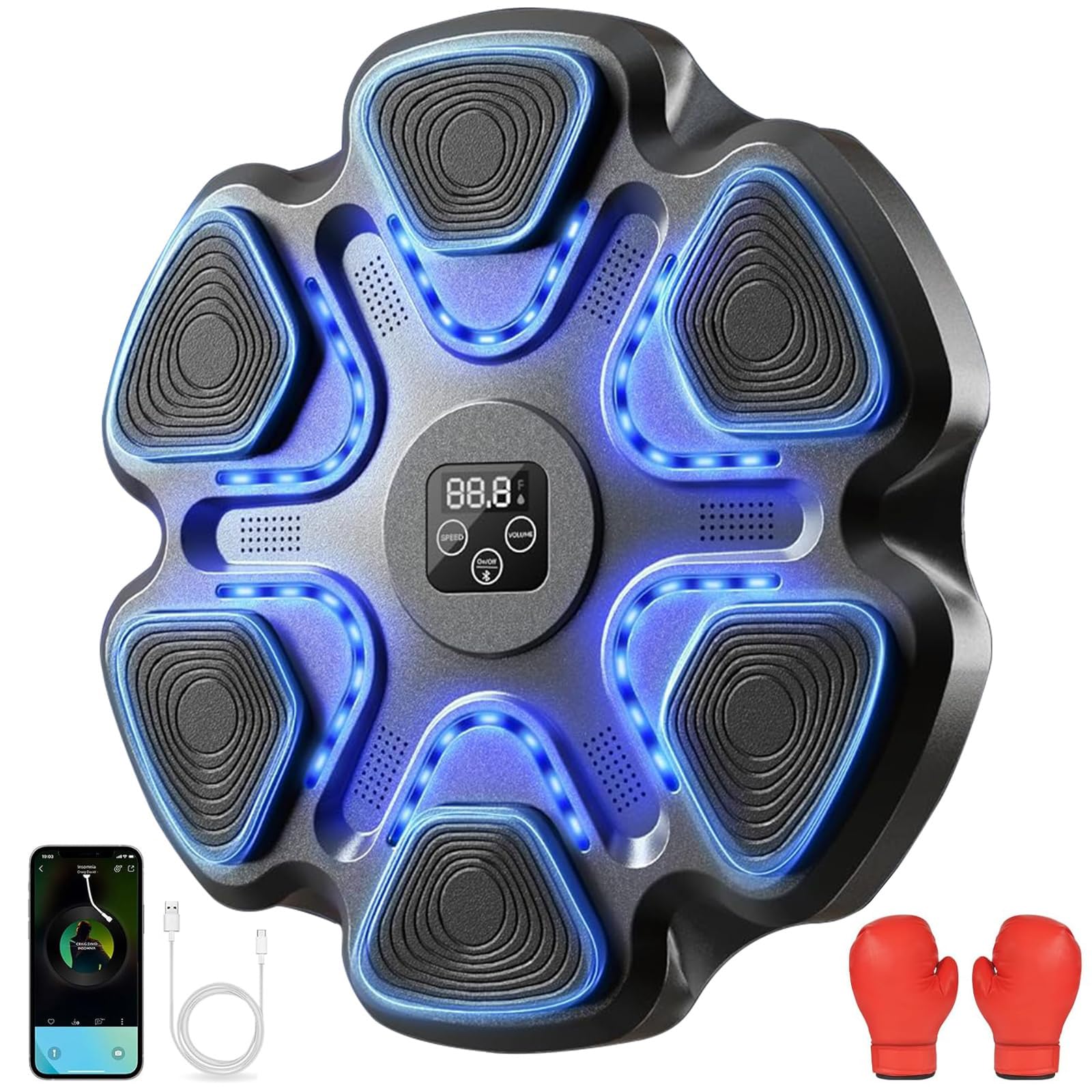LYMIN Machine de Boxe Musicale avec Gants de Boxe, LED Boxe Mural Musique Bluetooth Music Boxeur 9 Modes de Vitesse et Comptage Intelligent, Music Boxing Machine pour Adultes et Enfants