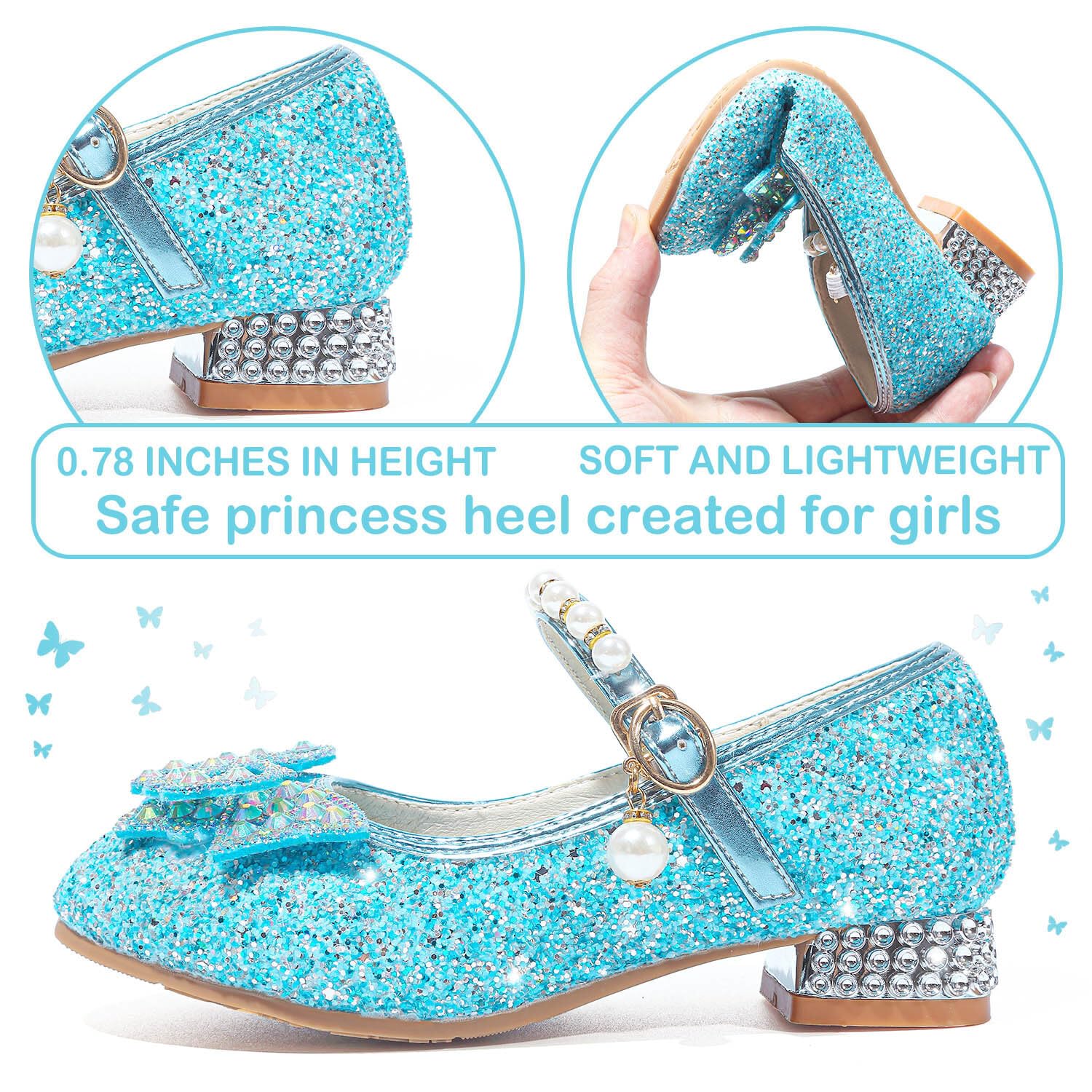 Mädchen Mary Jane Prinzessin Schuhe Ballerinas mit Absatz Glitzer Schuhe Abendschuhe Kinder Cosplay Schuhe Partys Hochzeiten Schulschuhe Blau EU29