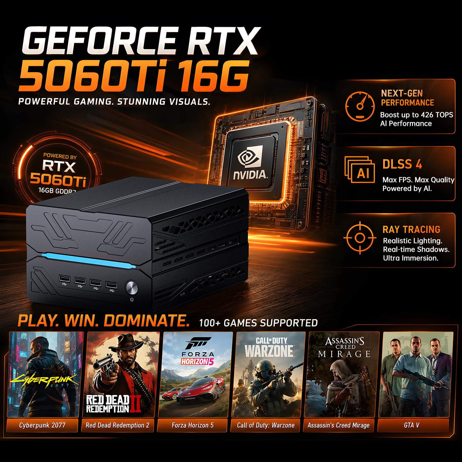 AI Mini PC, Desktop-Gaming Computer i9-14900F 24 Kerne bis zu 5,8 GHz, 64G DDR5, 2T M.2 PCIE4.0 SSD, Win-11 Pro, GeForce RTX5060Ti 16G, Vier Bildschirme, 8K@60Hz-Ausgänge, Dual-LAN, WiFi7
