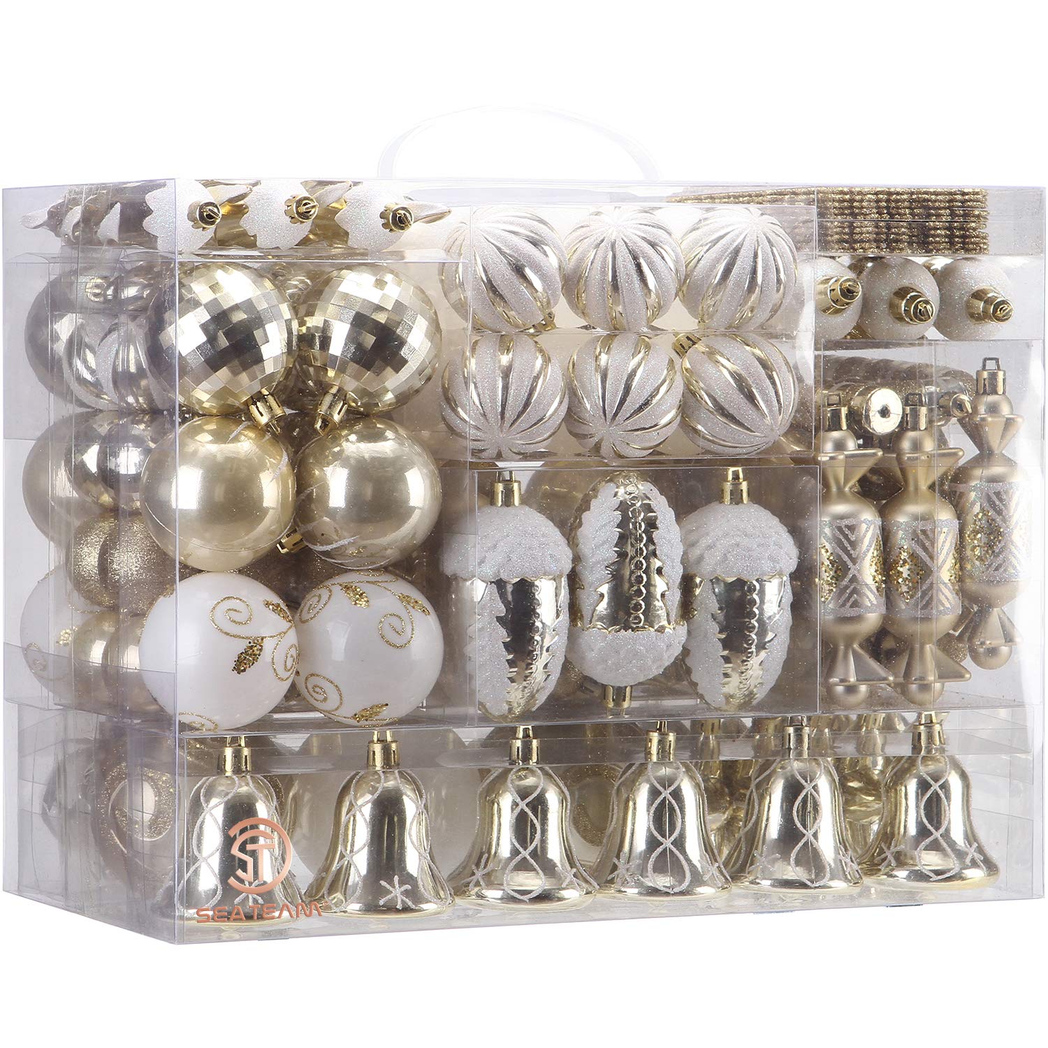 sea team 155-pack assorted shatterproof christmas ball ornaments set decorative baubles pendants with reusable hand-held gift package for xmas tree (gold)