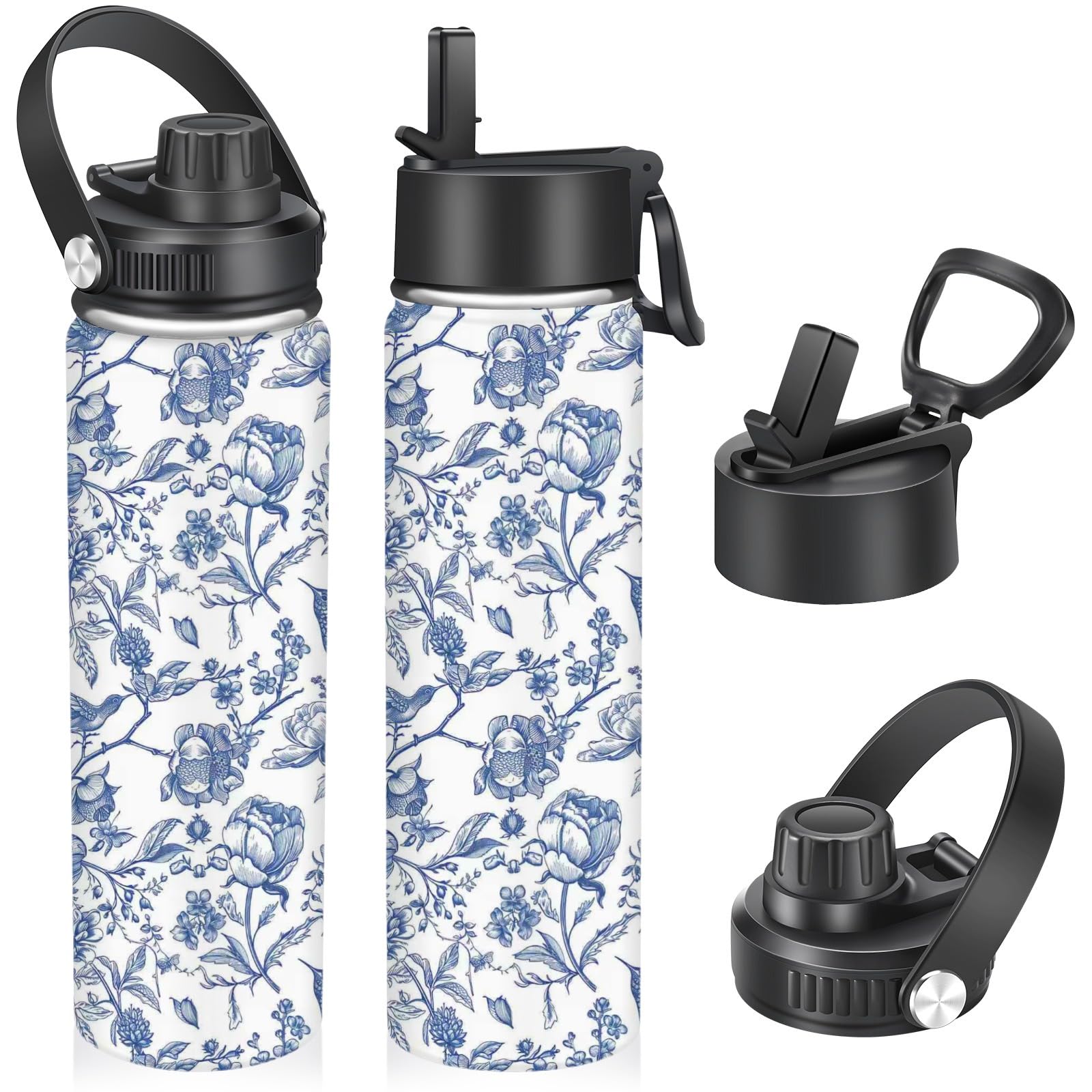 22oz Stainless Steel Insulated Water Bottle,Leak Proof Water Bottle with Stainless Steel Insulation with Carry Handle,Cold and Hot Drinks Sport Water Bottle for Sports Travel Gym(Cyan Flower)