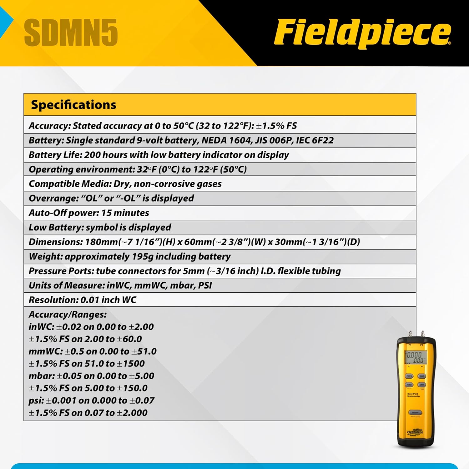 Fieldpiece Dual-Port Manometer - SDMN5