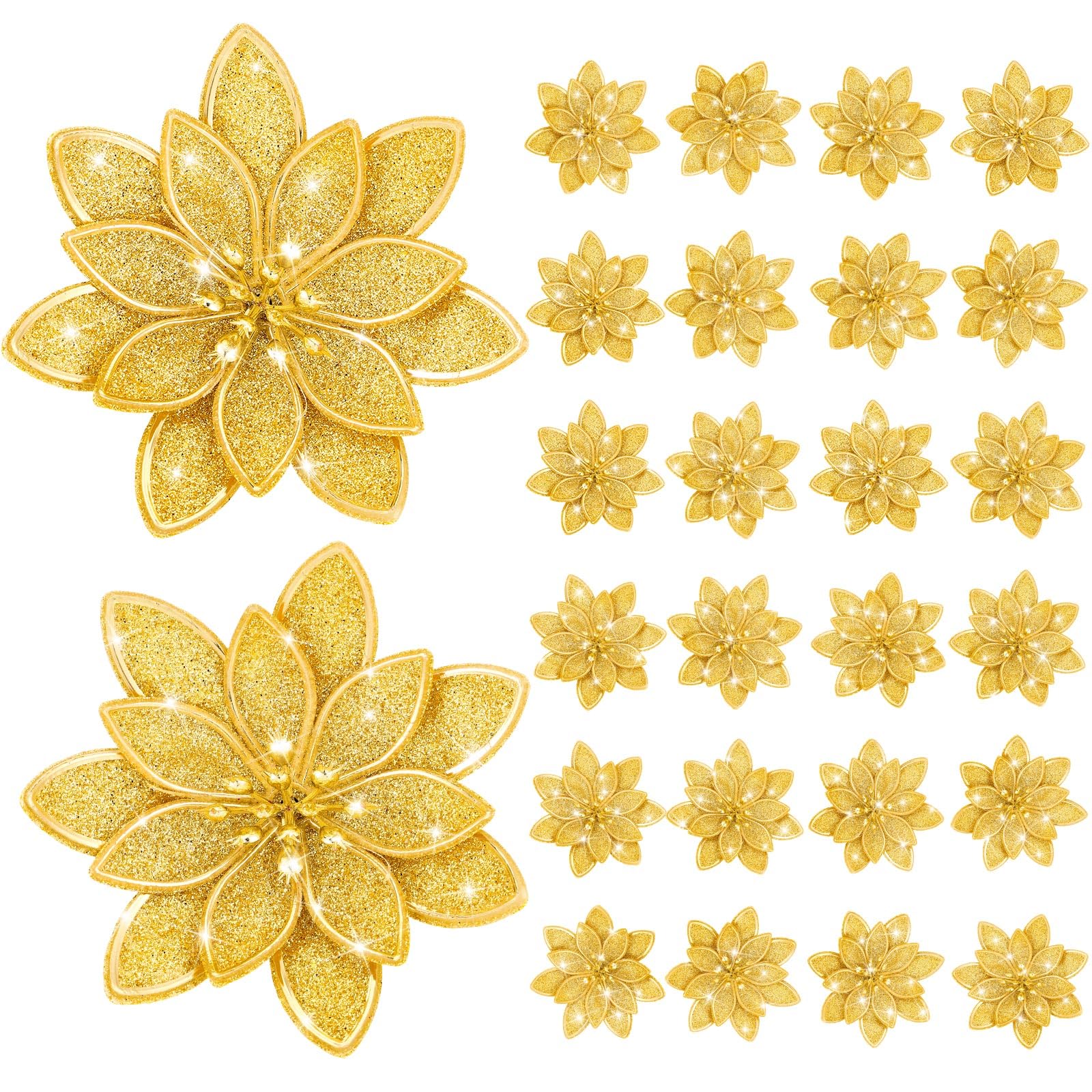 Lyrow 24 Stück Weihnachten Glitzer Weihnachtsstern Künstliche Blume mit Clips 10,2 cm Xmas Blumen Dekoration Weihnachtsbaum Kränze Girlande Dekor für Urlaub Party Ornamente (Gold)