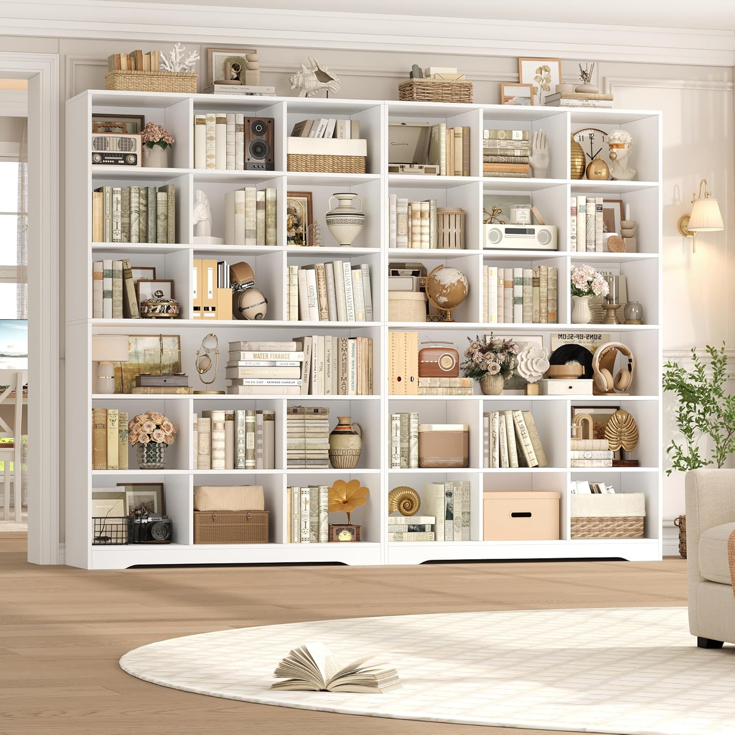 FINETONES 76” Tall Bookshelf with Storage, 6 Tier White Bookcase with 16 Open Display Shelves, Triple Wide Large Bookshelves and Bookcases, Wood Book Shelf Storage Cabinet for Home Office (White)