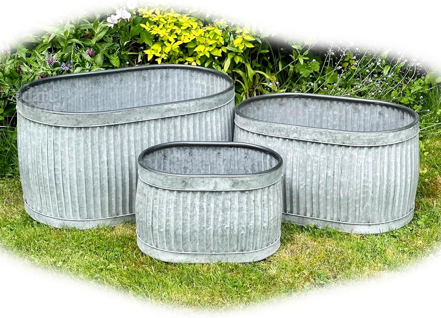 Oval Galvanised Tub Planters Set Of 3 Metal Ribbed Dolly Garden Drum