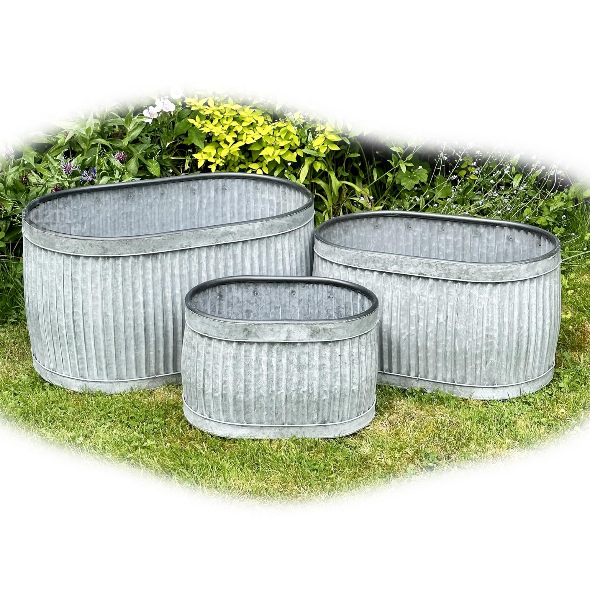 Darthome Oval Galvanised Tub Planters Set Of 3 Metal Ribbed Dolly Garden Drum Barrel Pots
