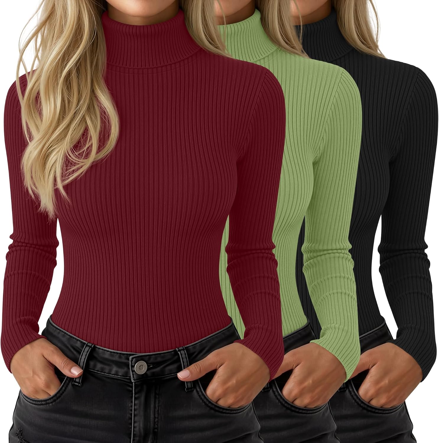 3 Pack Women’s Ribbed Turtleneck Tops Long Sleeve Cotton Stretch Shirts Slim Fit Base Layer Undershirt Tees