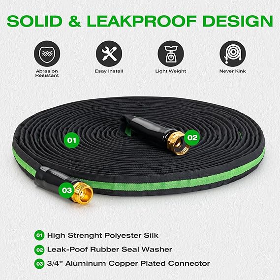 100FT Lightweight Super Flexible Garden Hose - Kink-Free, Non-Expanding, Easy Storage for Yard Lawn Outdoor Use (Black-Green)