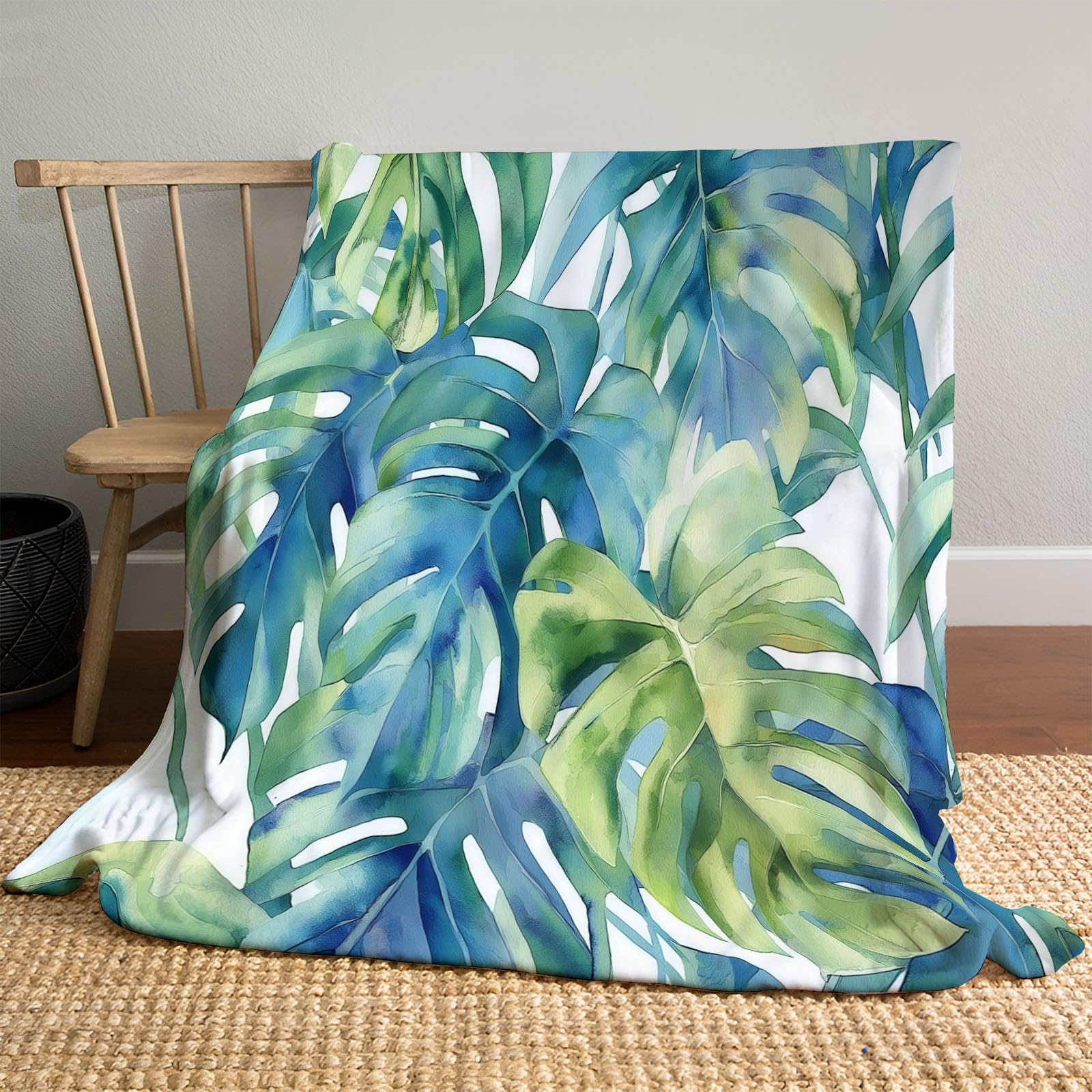 Manta Acuarela Plantas Tropicales Franela Suave 220x240 cm - Manta Verde Polar Caliente Estampado Jungla Hojas De Monstera, para niñas niños Adultos Mantas de sofá de Viaje
