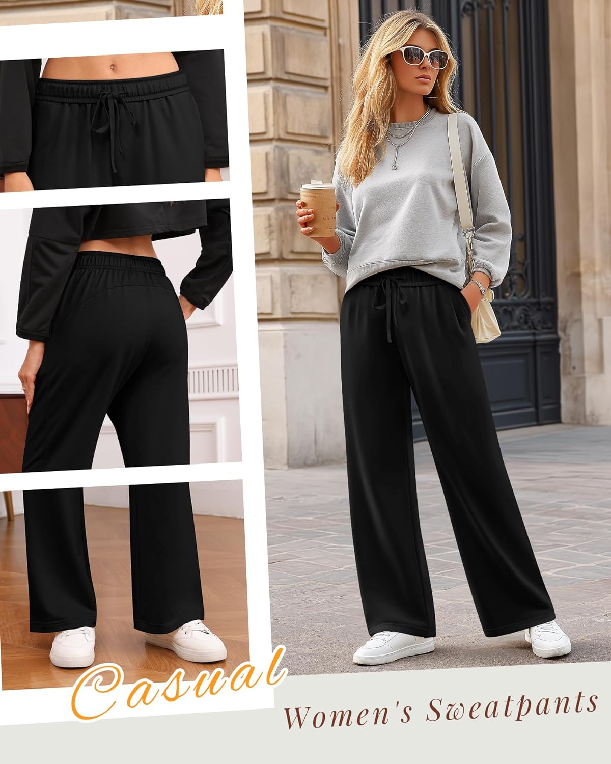 3 Pack Women's Wide Leg Sweatpants Interior Drawstring Baggy Sweatpant High Waisted Casual Jogger Pant with Pocket