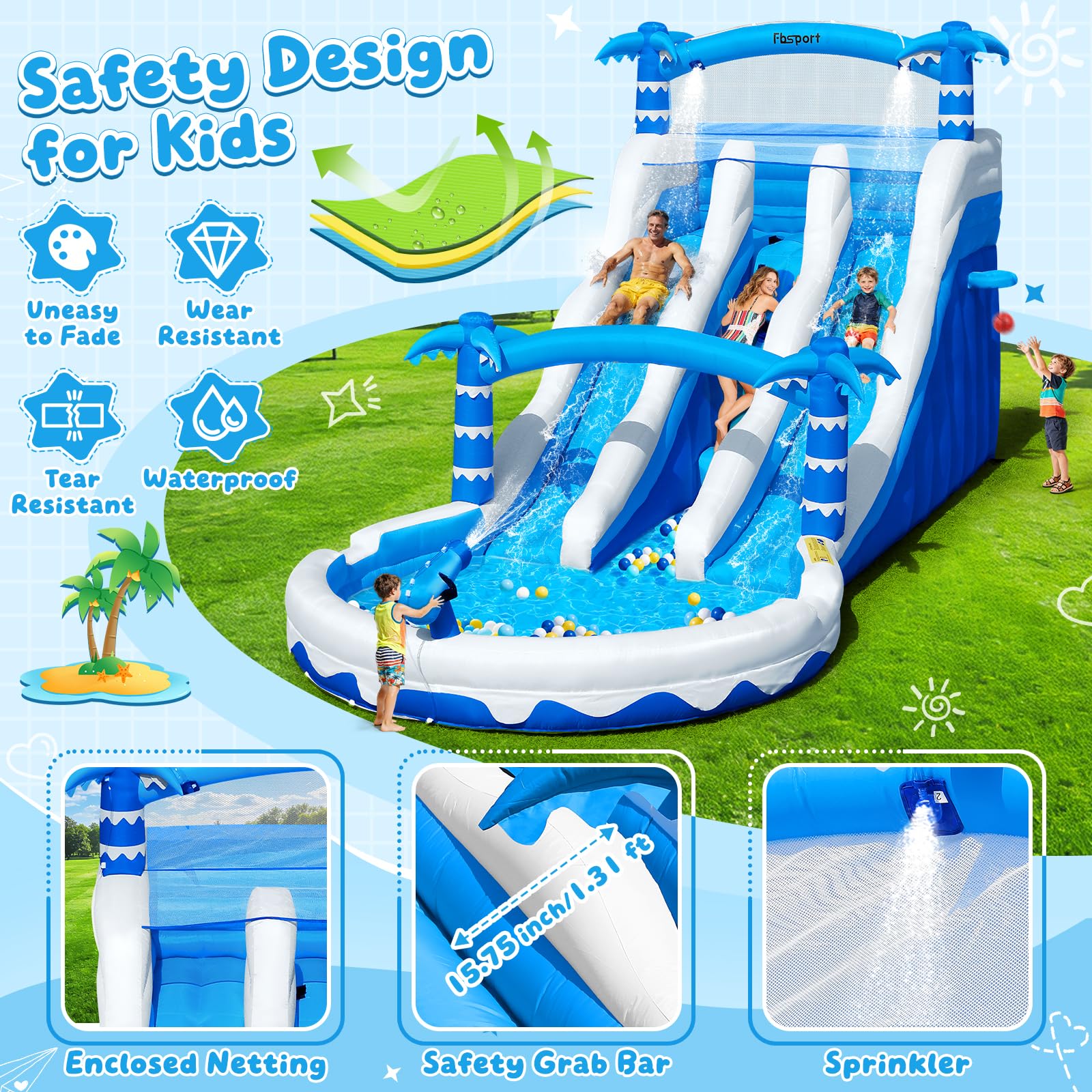 Hüpfburg XXL mit 2 Wasserrutsche für Gewerblichen Erwachsene & Kinder, Aufblasbare Bouncy Castle für Indoor Outdoor mit Gebläse Größe Pool Rutsche Korb Sprinkleranlage und Kletterwand, 630x290x285 cm