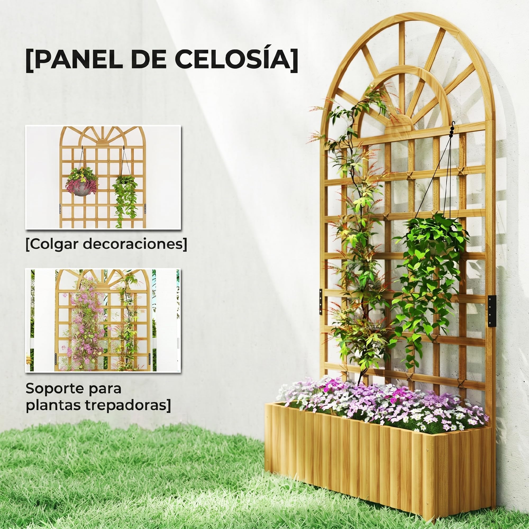 Outsunny Jardinera con Enrejado de Madera, Jardinera Exterior Grande para Plantas Trepadoras, con Ofricios de Drenaje, Macetero Elevado para Jardín, Patio, Terraza, 90x30x180 cm, Natural