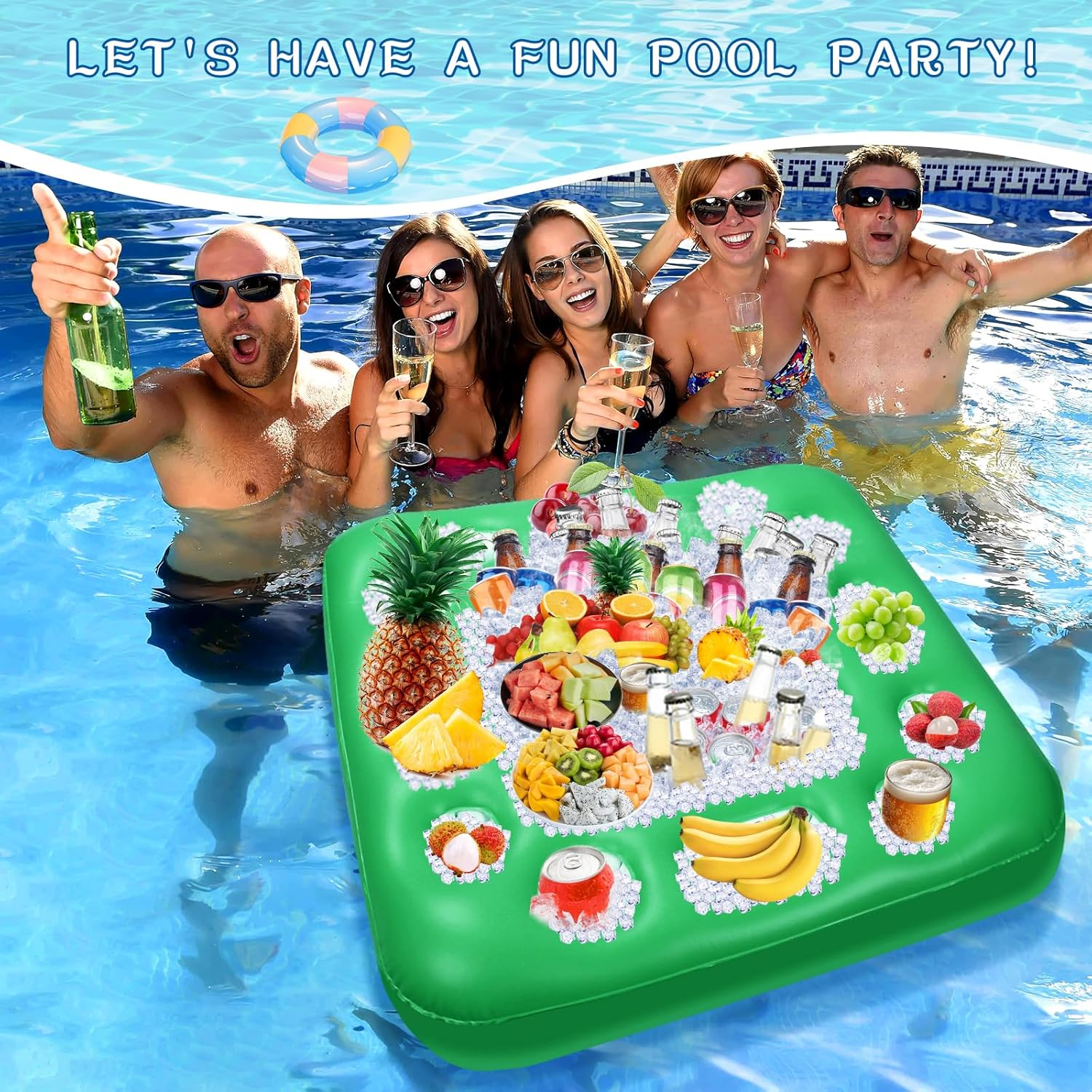 Floating Table for Pool Game, 40 x 40 in Floating Card Table for Pool with Food Drink Holders and Waterproof Playing Cards, Inflatable Floating Pool Table for Adults and Family Party (Green)