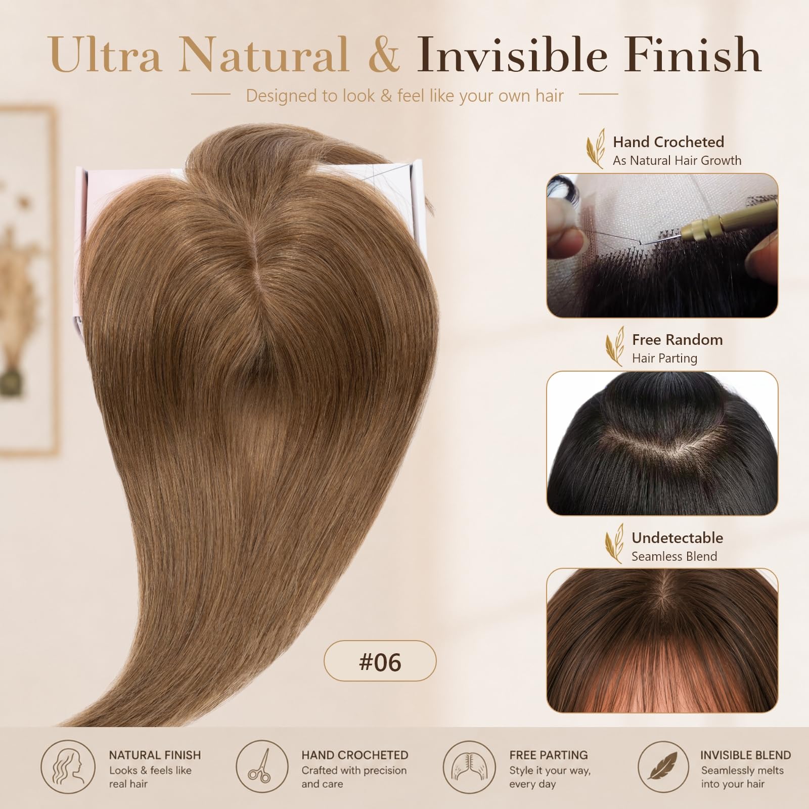Rich Choices Hairpieces for Women Human Hair with Bangs Hand Woven Clip in Human Hair Bangs Natural Straight Remy Hair Extensions 25cm 28g #6 Brun
