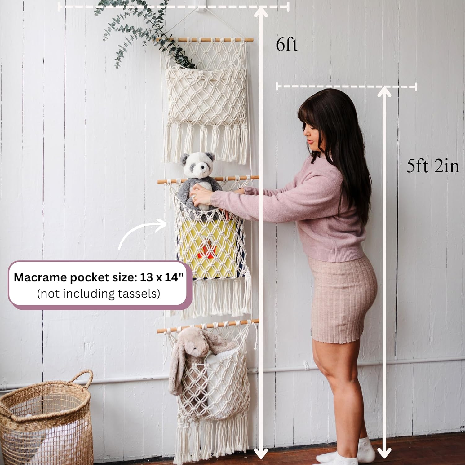 Sasa Macrame Over Door Organizer - 3-Tier Hanging Organizer with Canvas Pouch & Door Hook, Nursery Decor, Kid's Room, Playroom, Dorm, Storage for Stuffed Animals, Plushies, Blankets, Baby Essentials
