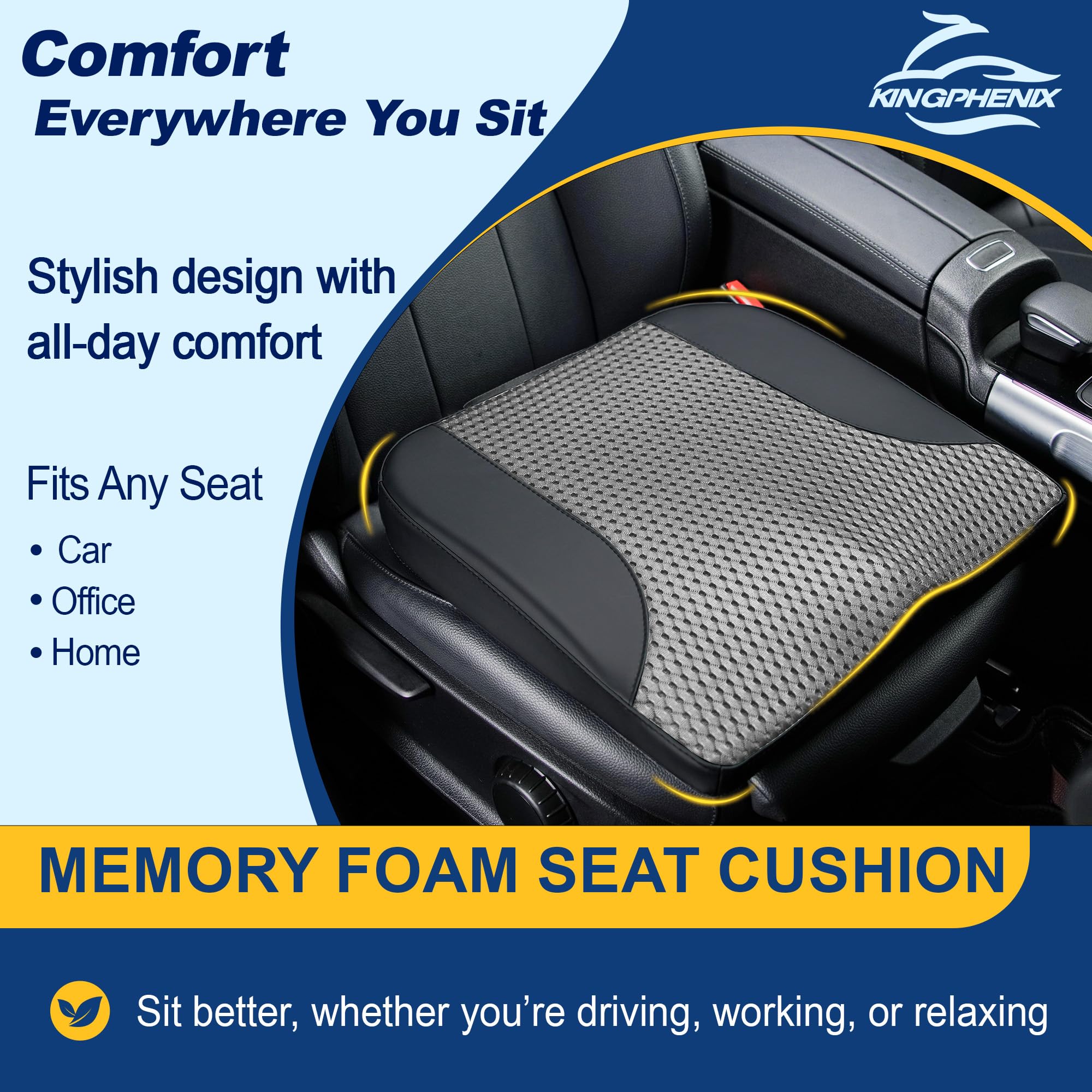 kingphenix Coussin de siège de voiture de qualité supérieure en mousse à mémoire de forme pour améliorer la vue de la conduite - Soulage les douleurs du coccyx et du bas du dos - Coussin de siège pour