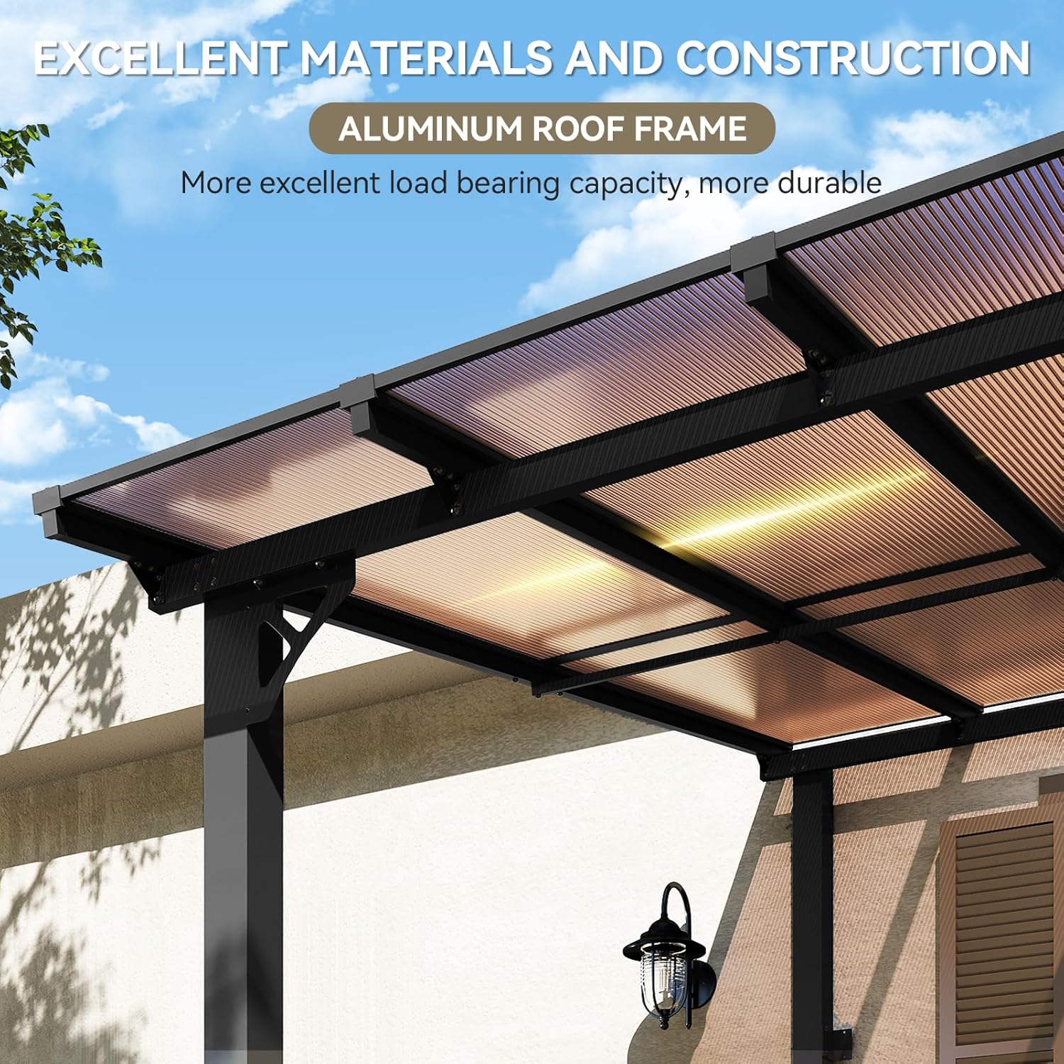 Image showing the aluminum roof frame and polycarbonate panels, emphasizing robust construction.