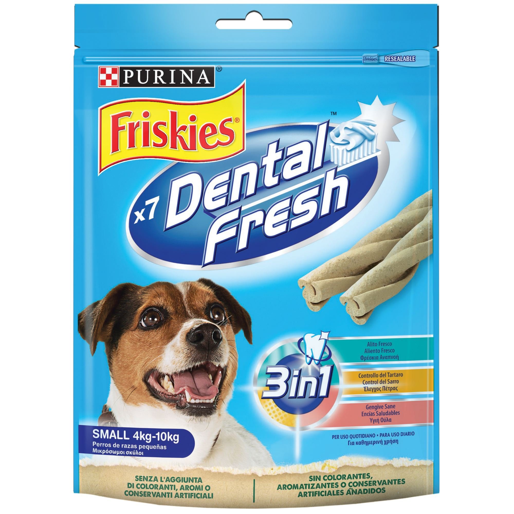 Friskies Purina Dental Fresh, Snack Dental, mal aliento para perro pequeño, 6 bolsas de 110g