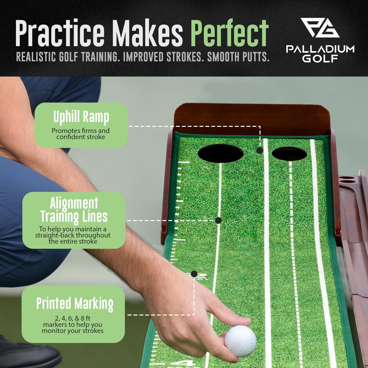 Palladium Golf Putting Mat for Indoors - Indoor/Outdoor Putting Green with Ball Return, Realistic Surface Golf Putting Mat, 2 Hole Training, 10 Feet.